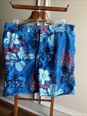 Newport Blue Floral Swim Board Shorts with Red Accents